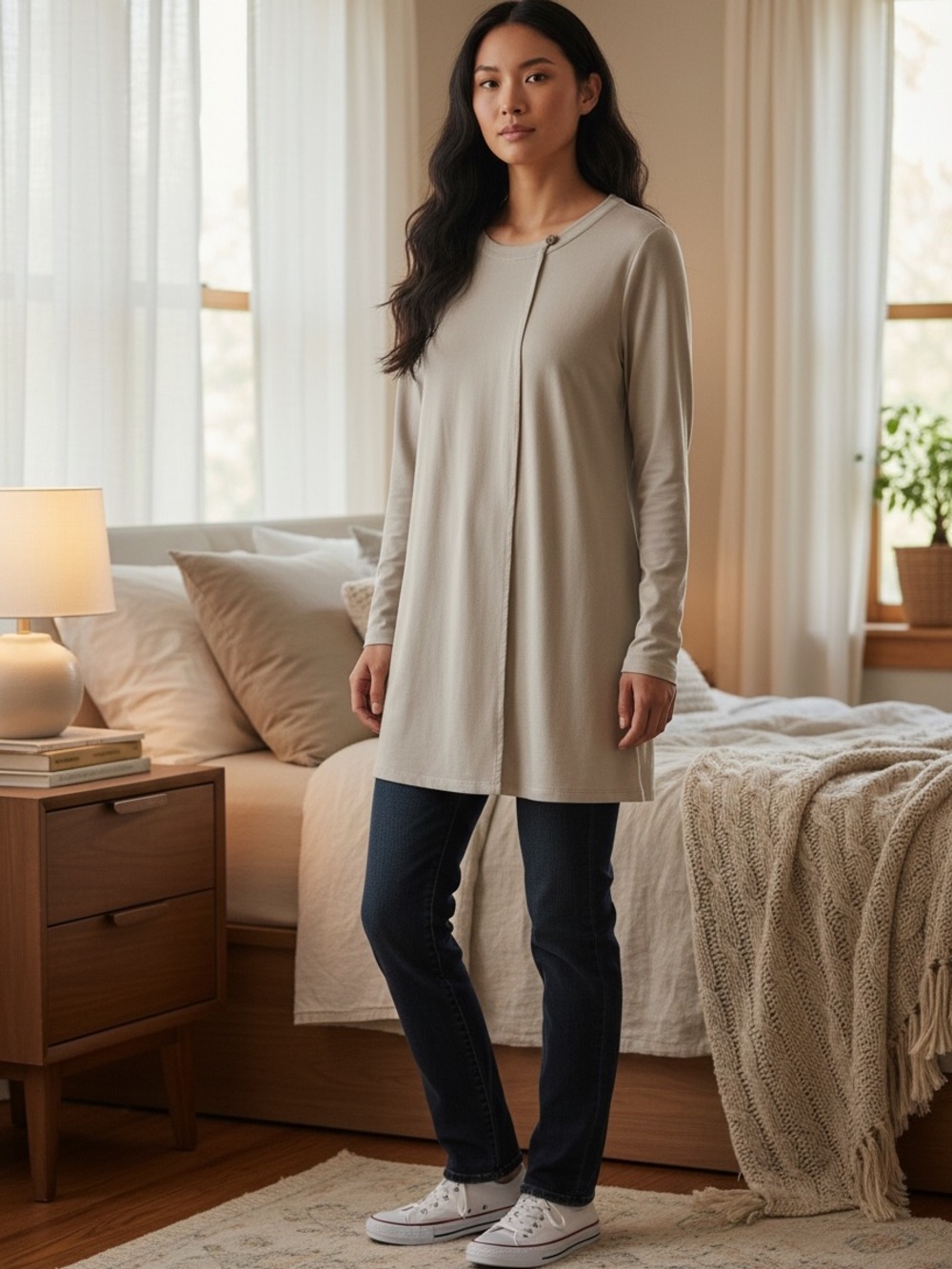 J.Jill Long Sleeve Scoop Neck Tunic Top - Light Taupe